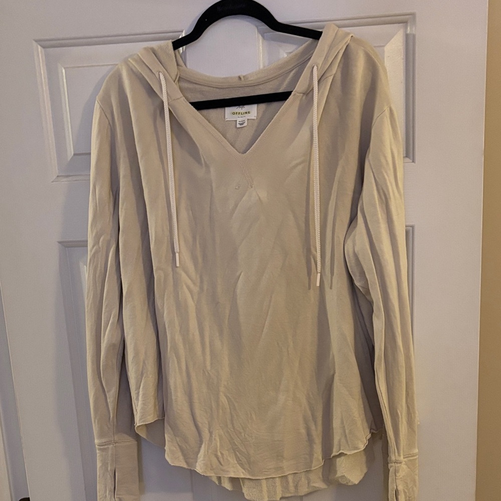 Offline by Aerie Casual V-Neck Hooded Long Sleeve Top - Neutral Beige